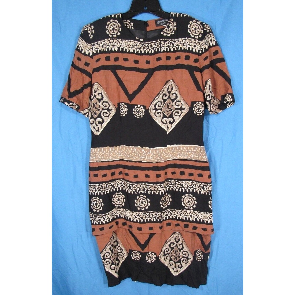 VTG STEPHANIE ERIN Sheath Dress BLACK/BROWN BOHO PRINT Layered Twill SZ 10